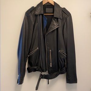 Black AllSaints leather jacket. Size small. Relaxed fit. Black & silver hardware
